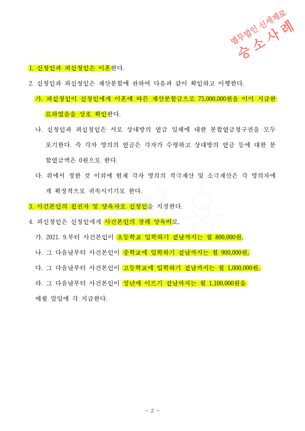 가정폭력으로 이혼청구, 의뢰인에게 양육자지정 및 7500 받는것으로 이혼성립 — 사례 자료 5