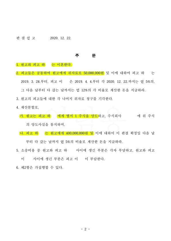 부정행위한 피고들에게 위자료 5천만원, 재산분할 50%(4억원) 받고 황혼이혼승소 — 사례 자료 5