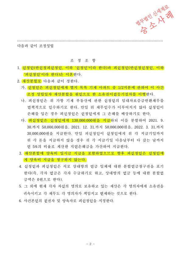 상대의 지나친 음주와 폭언 등으로 이혼청구, 재산분할 40% 인정받고 양육비를 지급하지 않는것으로 이혼 조정성… — 사례 자료 5