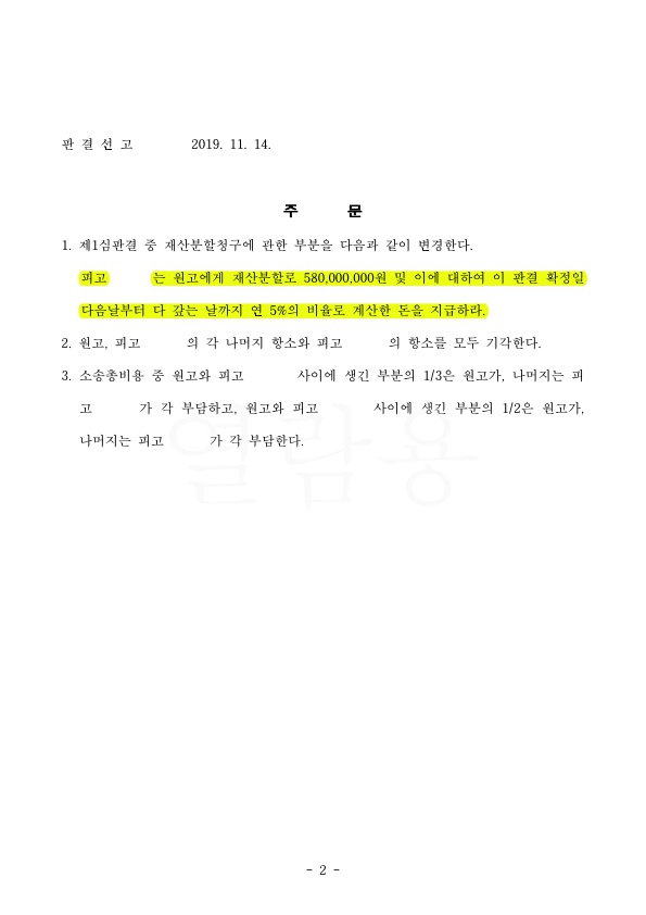 1심에서 지분분할인 것을 2심에서 5억 8000만원 현금으로 받아오는 것으로 승소 — 사례 자료 6