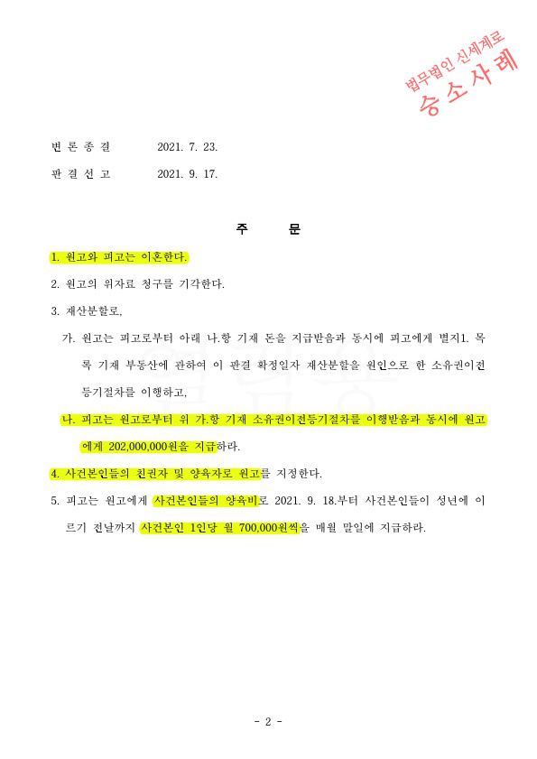 이혼소송중 양육환경조사까지 진행하여 양육권확보 및 재산분할 40%인정받고 이혼 승소 — 사례 자료 5