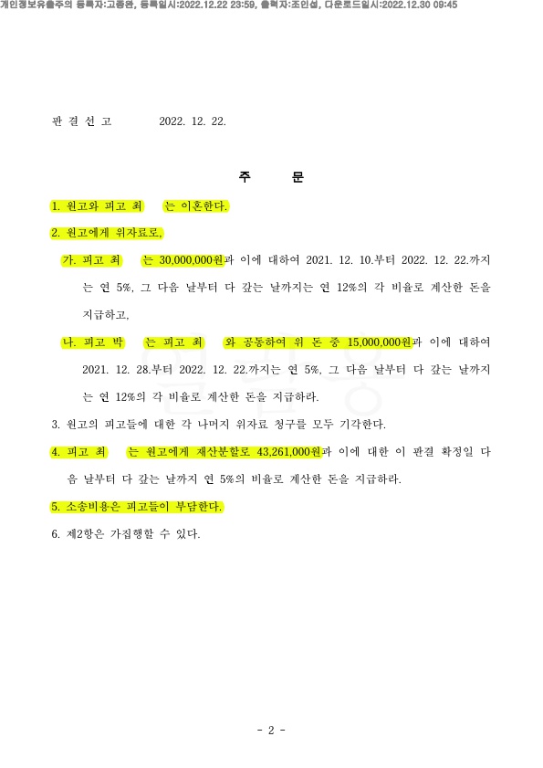 상대방의 부정행위로 이혼청구, 위자료 3천만원과 재산분할 4300만원가량 지급받는것으로 이혼 승소 — 사례 자료 6