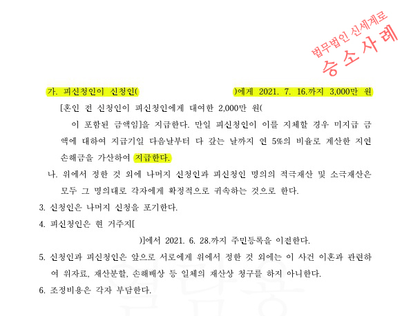 상대방 채무변제를 위해 혼인전 빌려간 돈까지 돌려받으며 이혼 조정성립 — 사례 자료 6