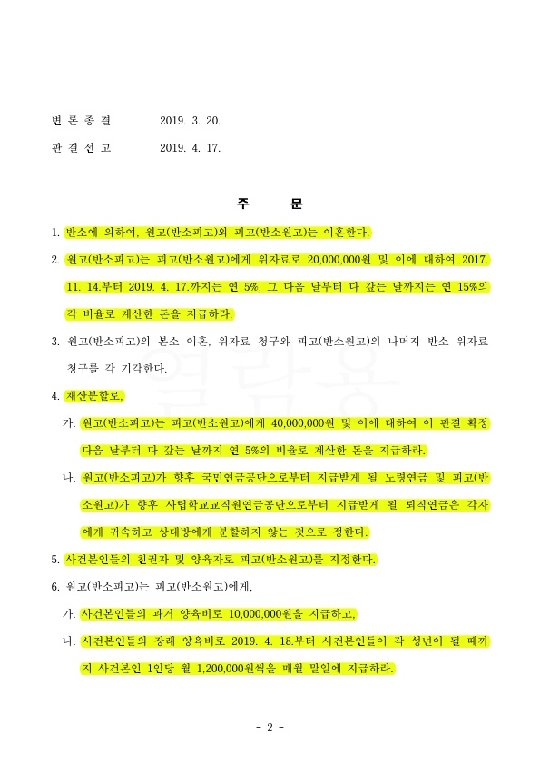 위자료 2000만원, 친권양육권자 지정과 양육비 각 120만원, 재산분할 4000만원과 향후 연금분할 안해주는 것으로 승… — 사례 자료 5