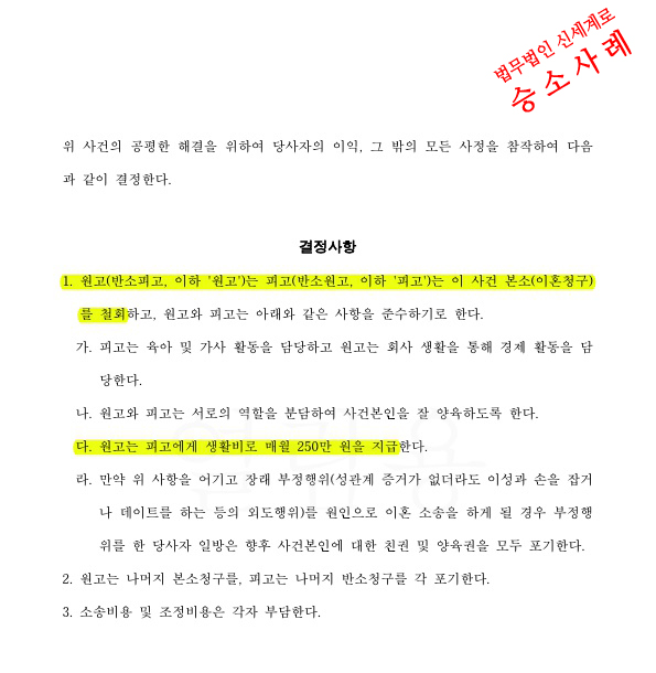 상대방의 이혼조정신청에 대해 부양료심판청구하여 이혼철회와 매월 250만원 부양료 지급하는 것으로 화해권고… — 사례 자료 5