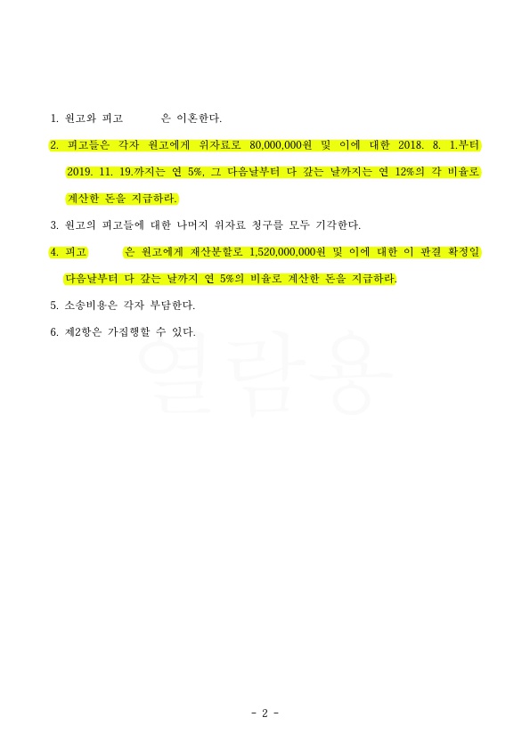 남편과 상간녀 위자료 8000만원 인정, 재산분할 총 22억원 인정으로 승소! — 사례 자료 5
