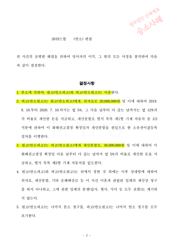 소유권 취득전이나 소유권으로 가액산정, 미래 발생할 세금을 반영하여 항소심에서 재산분할 방어하고 이혼 성… — 사례 자료 5