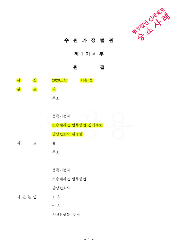 가정폭력피해로 이혼소송하여 위자료 1천만원과 재산분할 50%인정(3억1600만원)지급 받으며 이혼 승소판결 — 사례 자료 4