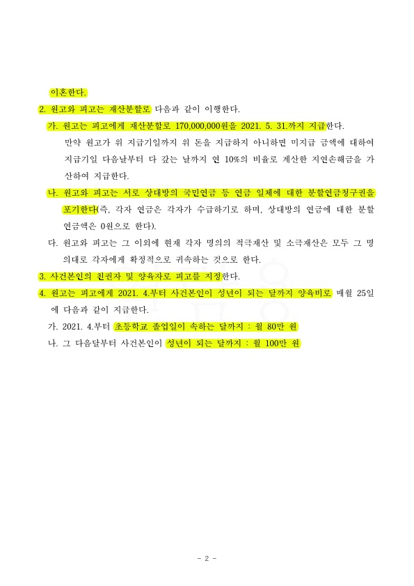 친권양육권지정 받고 재산분할 1억 7천만원 지급받아 극적으로 조정 성립 — 사례 자료 5