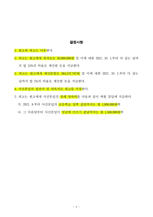 극심한 경제적 파탄책임을 물어, 위자료 5천만원과 상대방을 위해 받은 대출금을 상대방이 변제하도록 화해권고… — 사례 자료 5