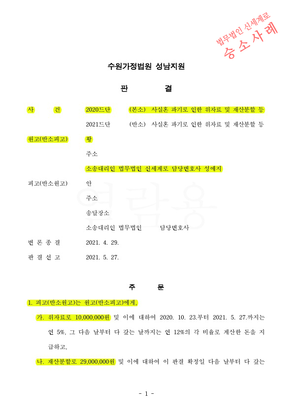 사실혼 2년차, 다른 여자와 혼인준비를 한 상대방에게, 위자료 1천만원과 재산분할 25% 인정받아 승소 — 사례 자료 4