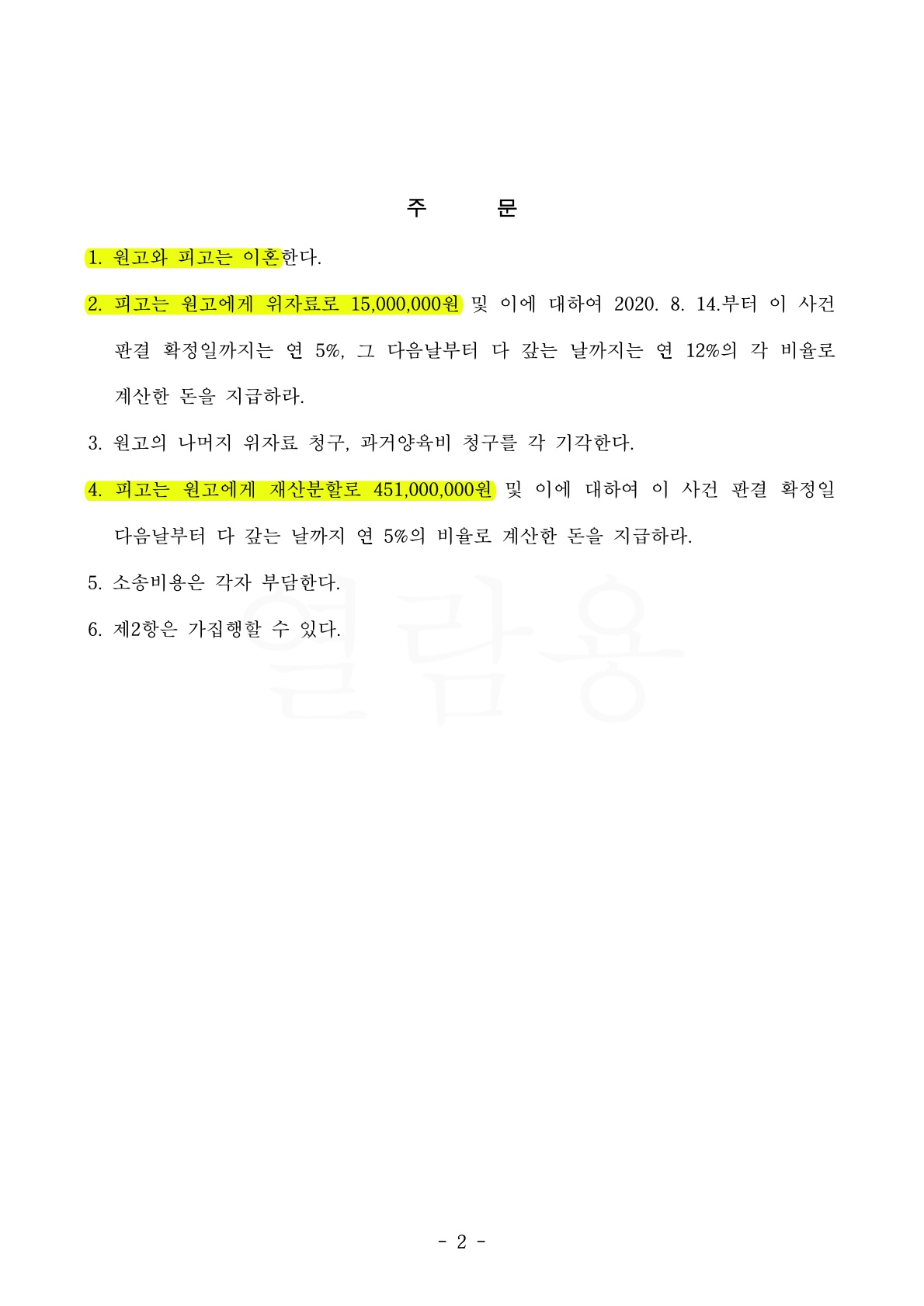 짧은 혼인기간 동안 부부간의 동거 및 협조의무를 저버린 상대방에게 위자료 2천만원 지급 명령한 사례 — 사례 자료 6