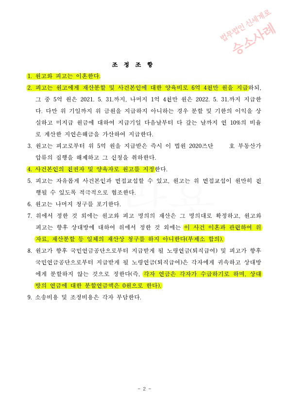 19년차 극심한 성격차이로 이혼청구, 재산분할 45% (약 6억4천만원)인정받고 조정성립 — 사례 자료 5