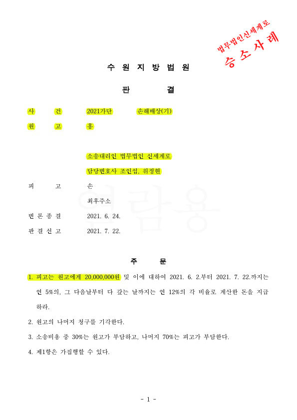 이혼하지 않은 상태에서 상간녀소송을 진행, 위자료 2천만원 인정받아 승소 — 사례 자료 4