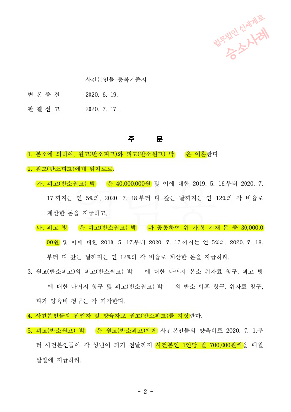 배우자의 부정행위로 위자료 4천만원 인정받고 이혼 승소 — 사례 자료 5