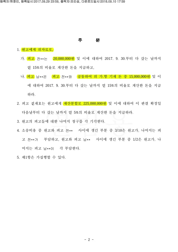 혼인기간 6년, 협의이혼 마친 상황에서 위자료 2000만원 특유재산에 대해 재산분할 2억 2500만원 인정 — 사례 자료 5