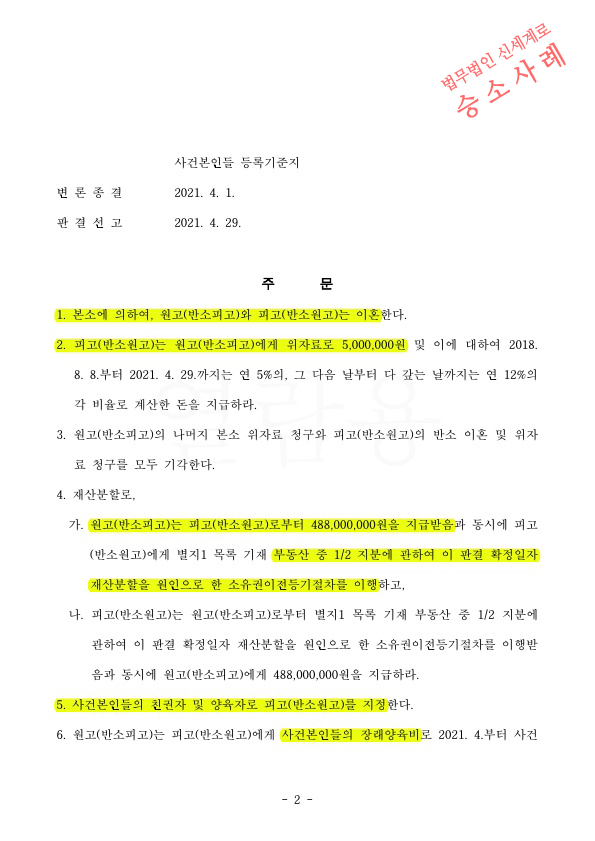 성격차이 이혼소장을 받은 피고 대리하여 상대방의 재산분할청구중 8천만원 감액시키며 이혼 승소 — 사례 자료 5