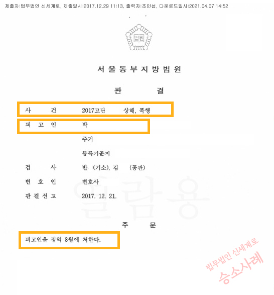 가정폭력 남편 징역 8개월 법정구속되고, 위자료 1억 지급받아 이혼 승소한 사례 — 사례 자료 7