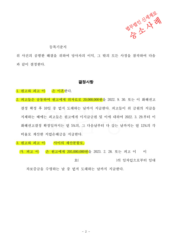 배우자의 부정행위로 이혼과 상간녀 소송 진행, 2회의 조정을 거쳐 위자료 2천만원과 재산분할 2억500만원 받는것… — 사례 자료 5