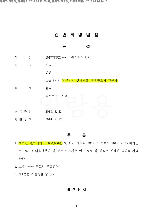 이혼 안하면서 민사 상간자 위자료 4000만원 인정으로 승소 — 사례 자료 4