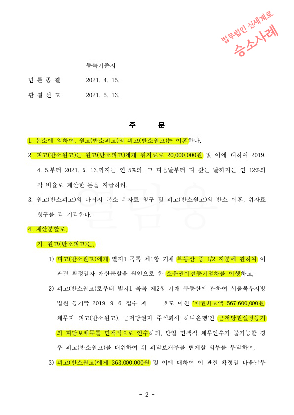 상대방이 명의신탁을 주장하였으나 배척시키고 재산분할 55% 인정받아 이혼승소 — 사례 자료 6