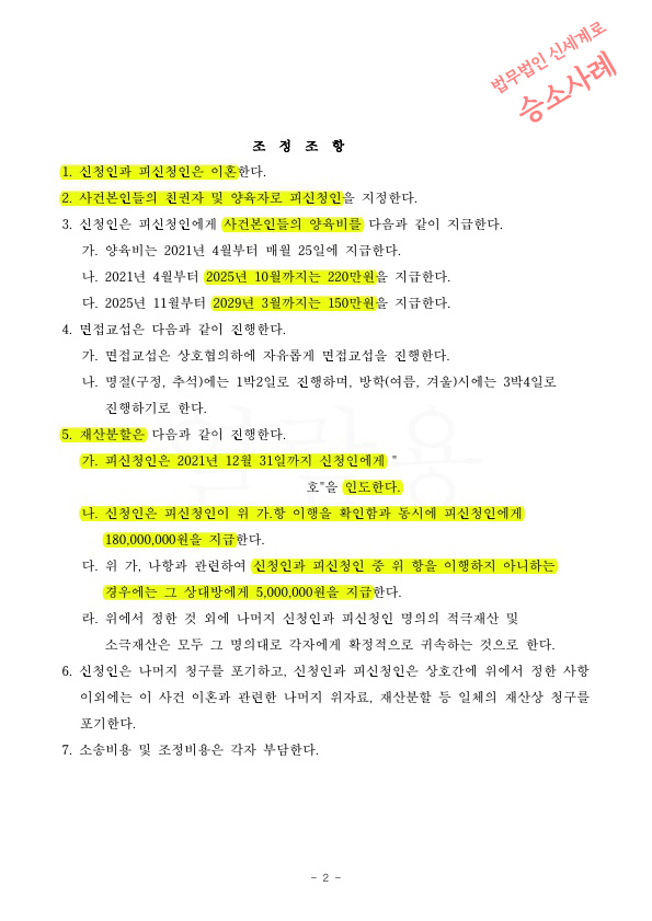 성격차이로 별거, 재산분할 50%와 아이들을 위해 일정기간 거주지 유지하는 것으로 조정성립 — 사례 자료 5