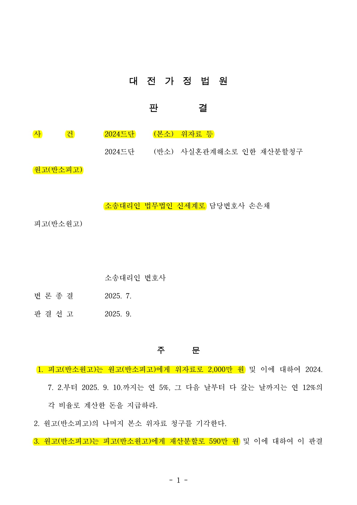 사실혼파탄으로 위자료 2천만원 인정, 의뢰인 부동산을 재산분할에 제외시켜 압도적으로 승소한 사례 — 사례 자료 5