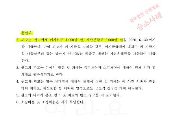 상대방 위자료 청구금액 5천만원을 1천만원으로 감액시키고 조정성립 — 사례 자료 6