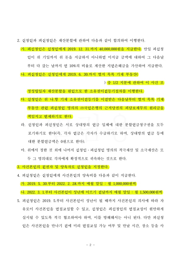 진행 3개월만에 재산분할 5억, 친권양육권, 양육비100만원으로 승소 — 사례 자료 6