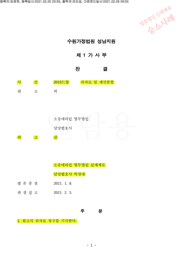 이혼후 상대방의 위자료,재산분할청구, 위자료는 기각, 재산분할은 1억4천만원 감액시키고 승소 — 사례 자료 4