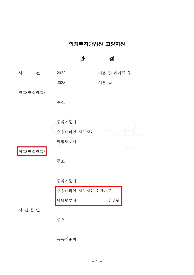 부정행위 남편의 이혼 청구 기각, 의뢰인 청구 인정 및 위자료 2천만원[이혼소송승소사례] — 사례 자료 5