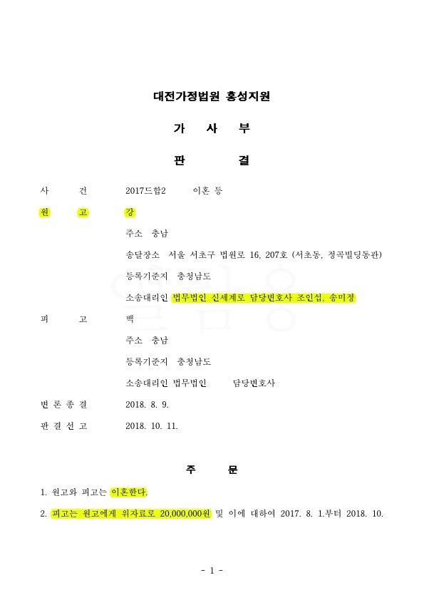혼인기간 34년. 위자료 2000만원과 재산분할 3억 6천인정 승소 — 사례 자료 4