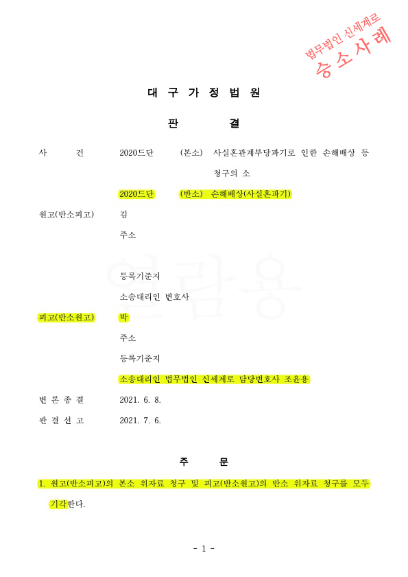 사실혼관계 파탄도중 외도의심된다며 상대방이 소제기 했으나, 위자료 기각 재산분할도 6천만원을 감액시키고 … — 사례 자료 5