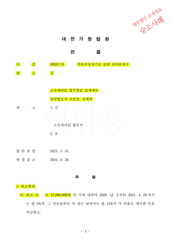 약혼부당파기로 인한 위자료 청구 피고 1,2에게 위자료 1700만원 인정받아 승소 — 사례 자료 4