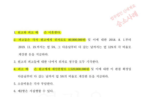 장기간의 부정행위로 위자료 8천만원 인정받고, 재산분할 총 22억2500인정 받은 이혼승소사례 — 사례 자료 5