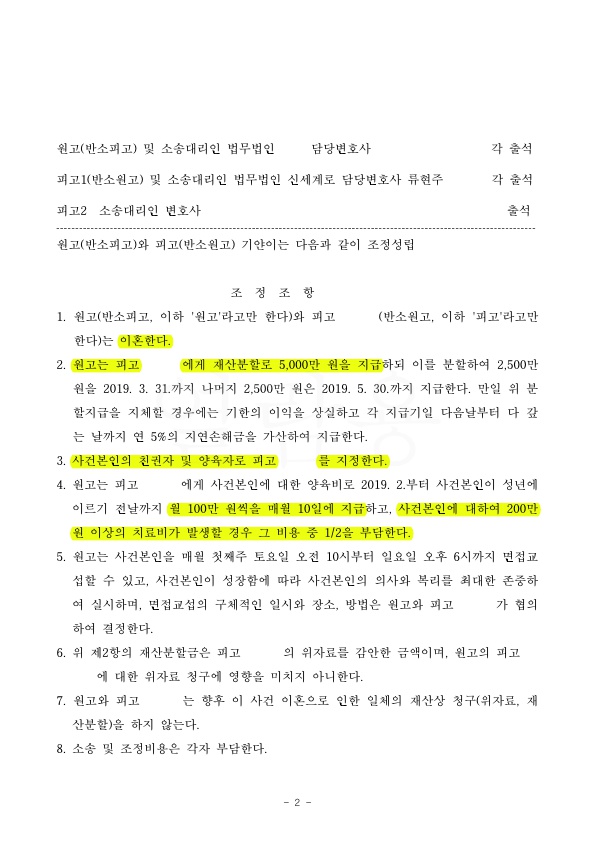 재산분할 5000만원, 친권양육권자 지정. 양육비 100만원 인정으로 승소 — 사례 자료 5