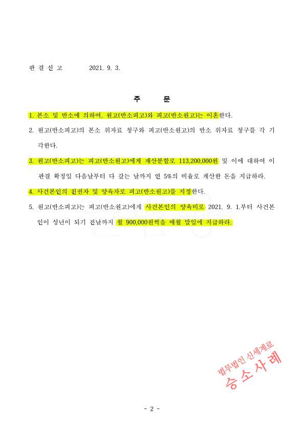 재산을 은닉한 상대방의 재산처분행위가 인정되었고, 재산분할 40%인정 받아 이혼승소 — 사례 자료 6