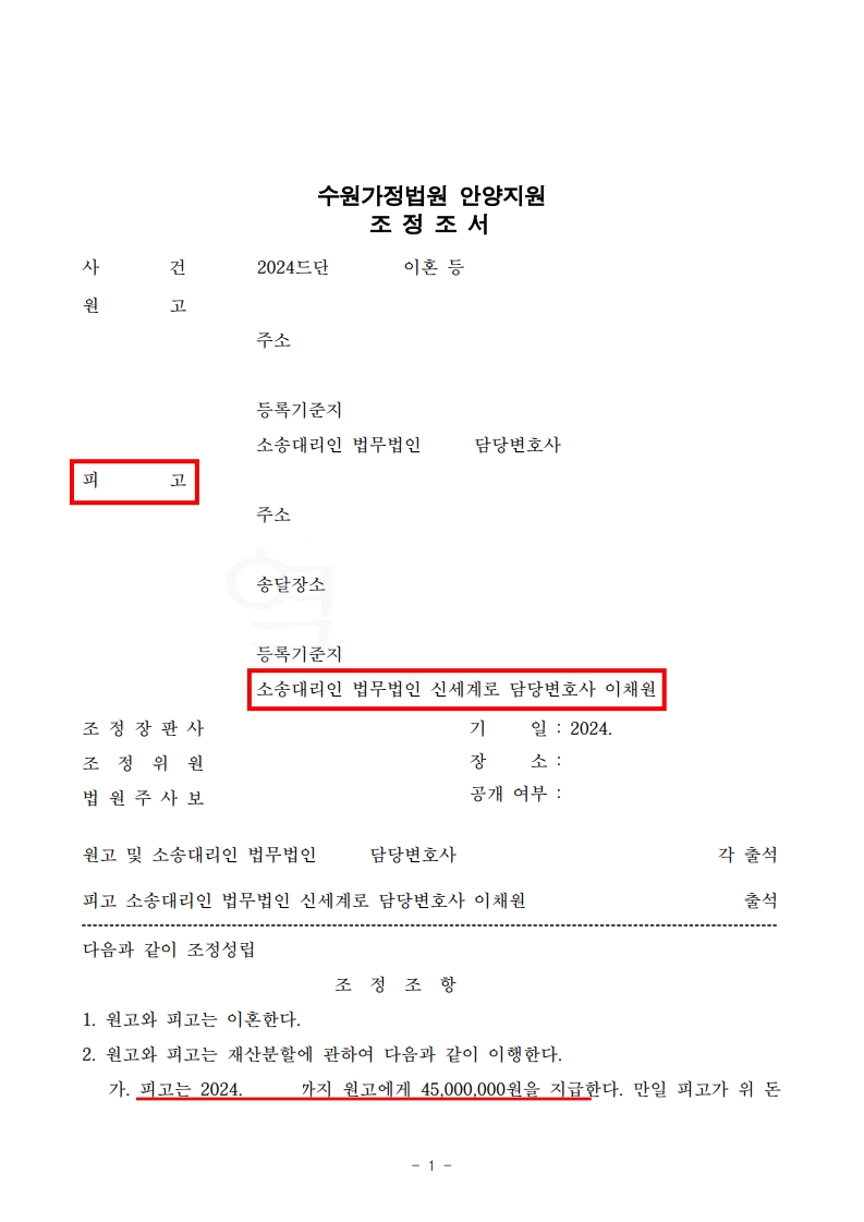 유책 방어 성공, 위자료 없이 4500만 원 재산분할 합의[재산분할감액승소사례] — 사례 자료 5