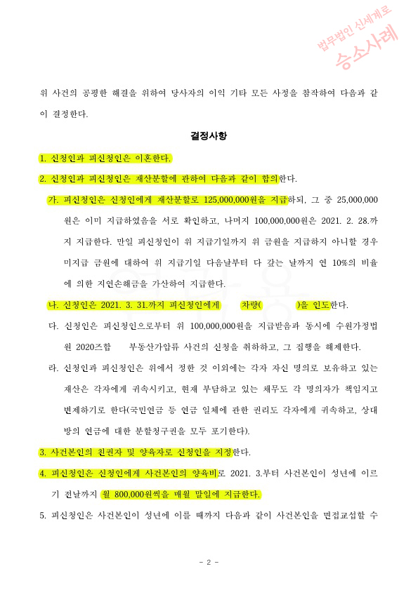 혼인기간 5년 성격차이 이혼, 재산분할 1억 2500만원 지급 받으며 이혼 성립 — 사례 자료 5