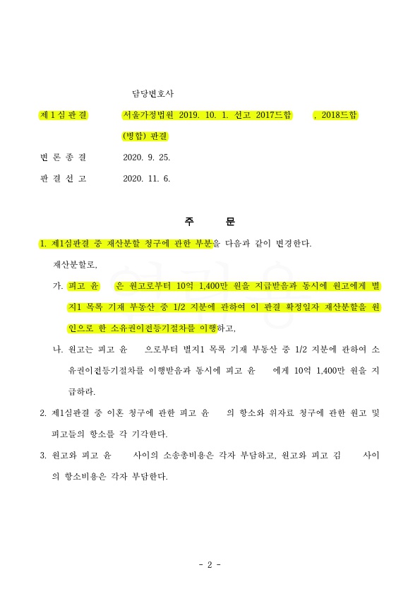 전업주부 30년, 남편사업소득으로 형성한 130억 중 재산분할 5:5 인정받고 항소심까지 승소! — 사례 자료 6