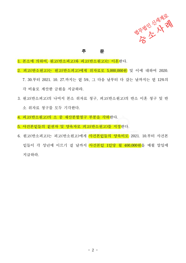 재결합한지 4개월만에 별거, 1심에서 상대방의 유책인정, 항소심도 상대청구 기각시키고 승소 — 사례 자료 5