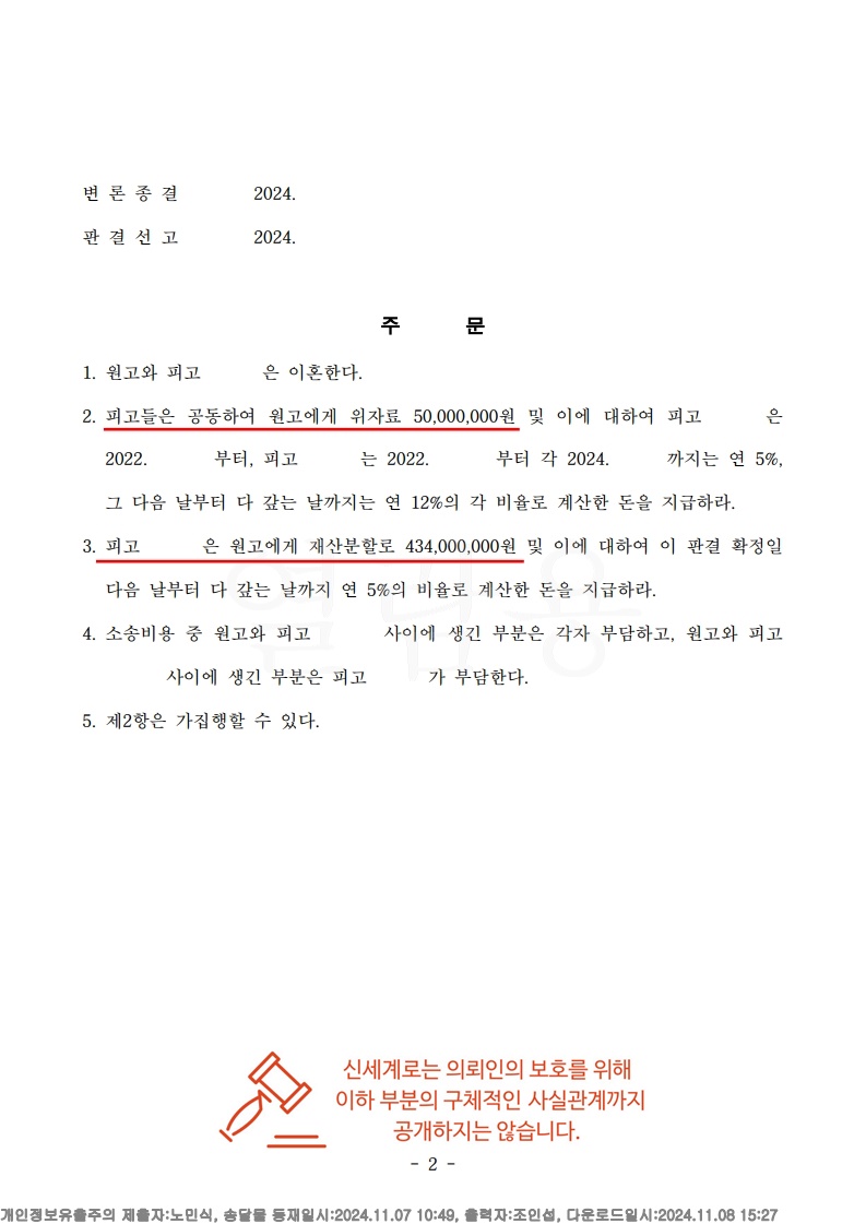 부정행위 소송 승소, 전업주부 재산분할 50%와 위자료 5천만원 사례[재산분할승소사례] — 사례 자료 6