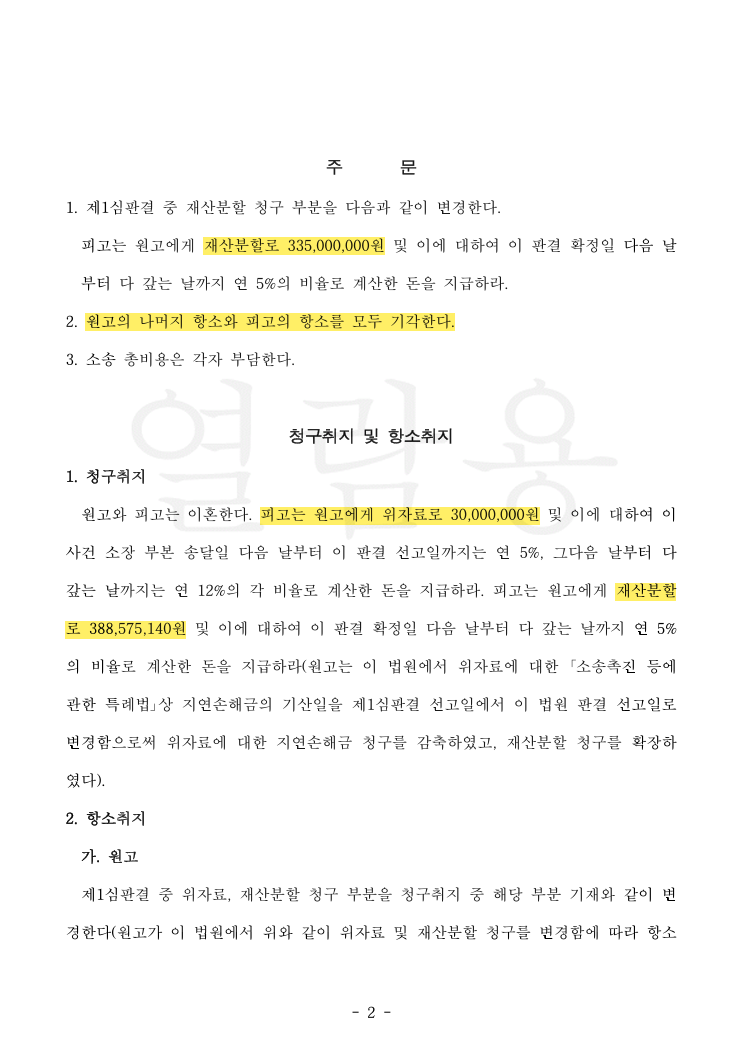 항소심에서 1심 재산분할 2억 5,700만 원을 3억 3,500만 원으로 증액, 상대방 항소는 기각시킨 사례 법률문서 2쪽