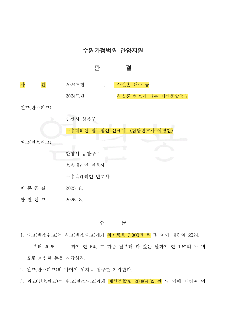 사실혼 9개월, 상대방 부정행위 입증하여 위자료 3,000만 원 인정 및 반소 재산분할 청구를 역전시킨 사례 법률문서 1쪽