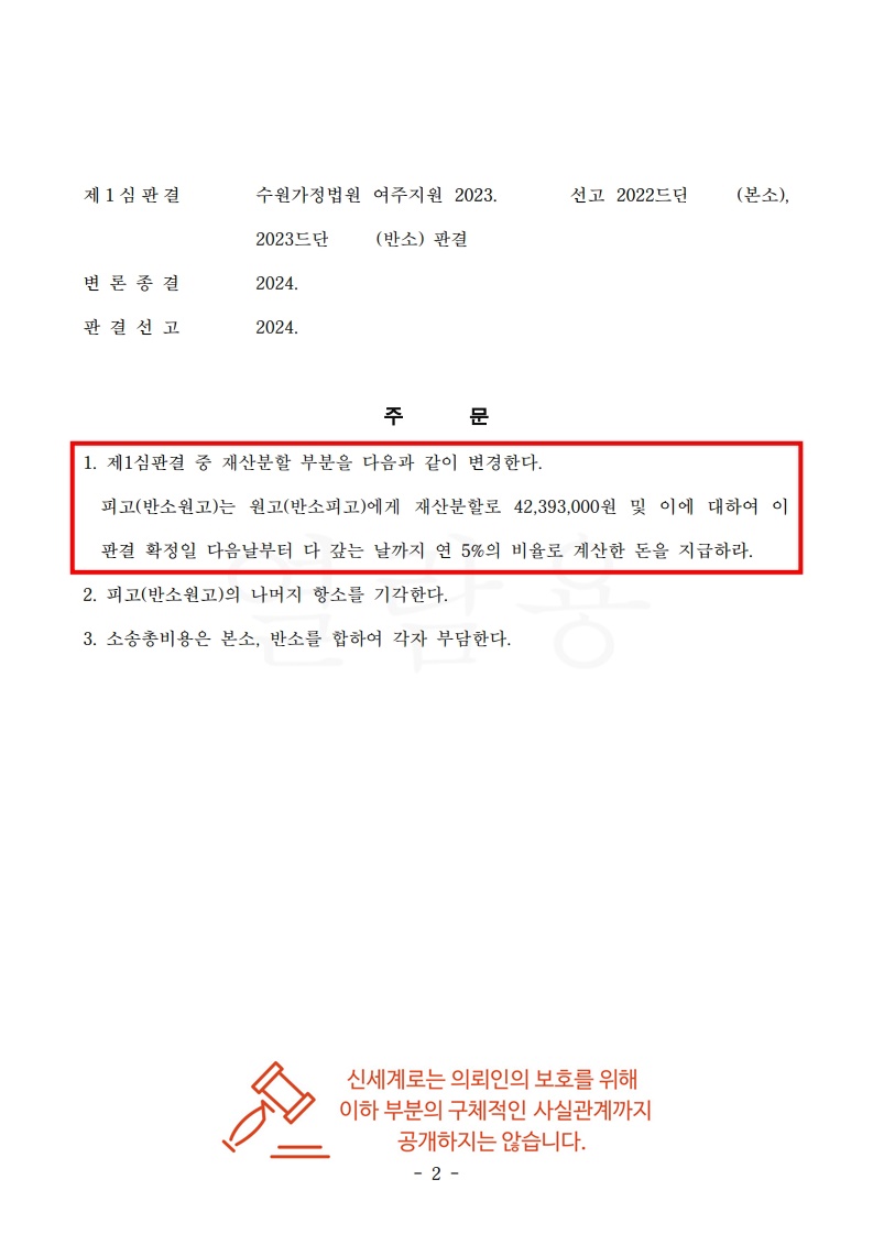 1심 재산분할 오류, 항소로 바로잡아 1,450만원 감액[이혼항소심승소사례] — 사례 자료 6