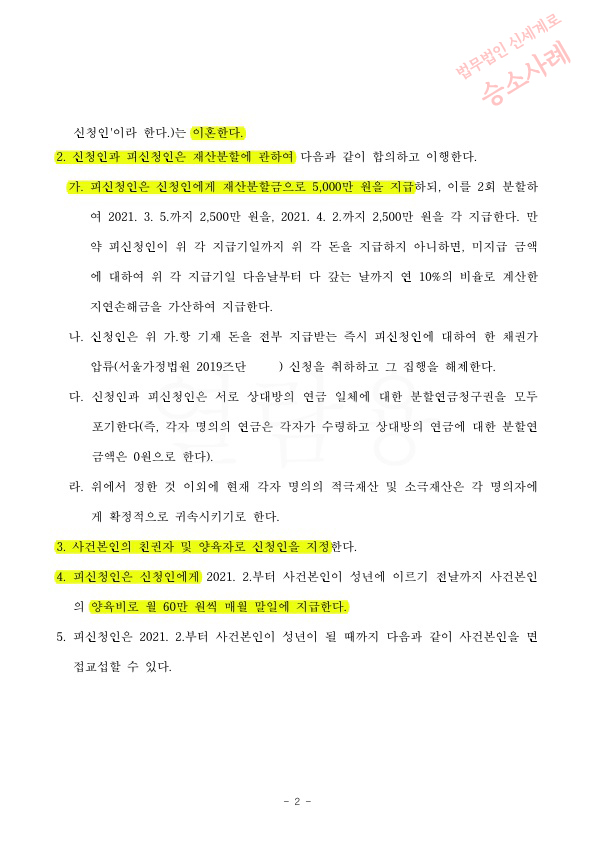 상대방의 위자료청구 기각, 재산분할 1억 3천만원 감액시키고 이혼 조정성립 — 사례 자료 6