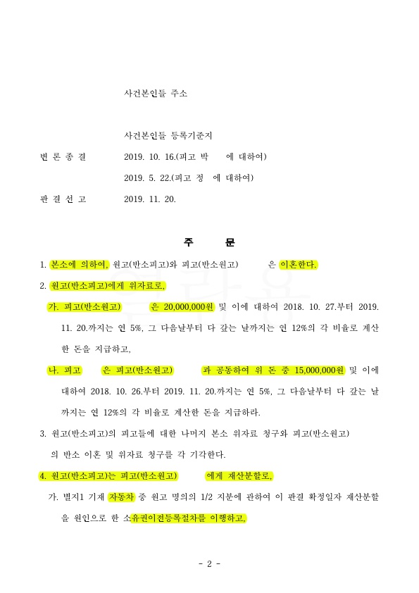 부인의 부정행위로 위자료 2000만원(상간남 1500만원) 지급받은 승소사례 — 사례 자료 5