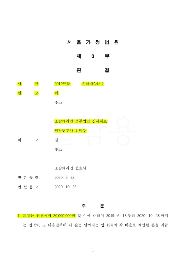 이혼소송과 별소로 진행한 상간녀 소송, 2천만원 위자료 인정 승소 — 사례 자료 5