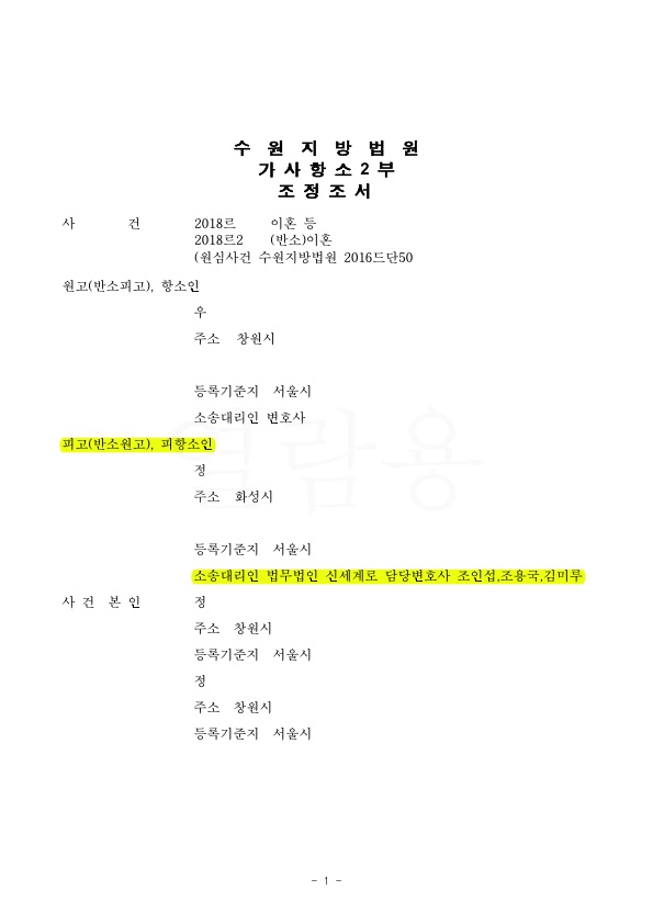 항소심에서 위자료 없고 재산분할 200만원 지급하는 것으로 승소. — 사례 자료 4