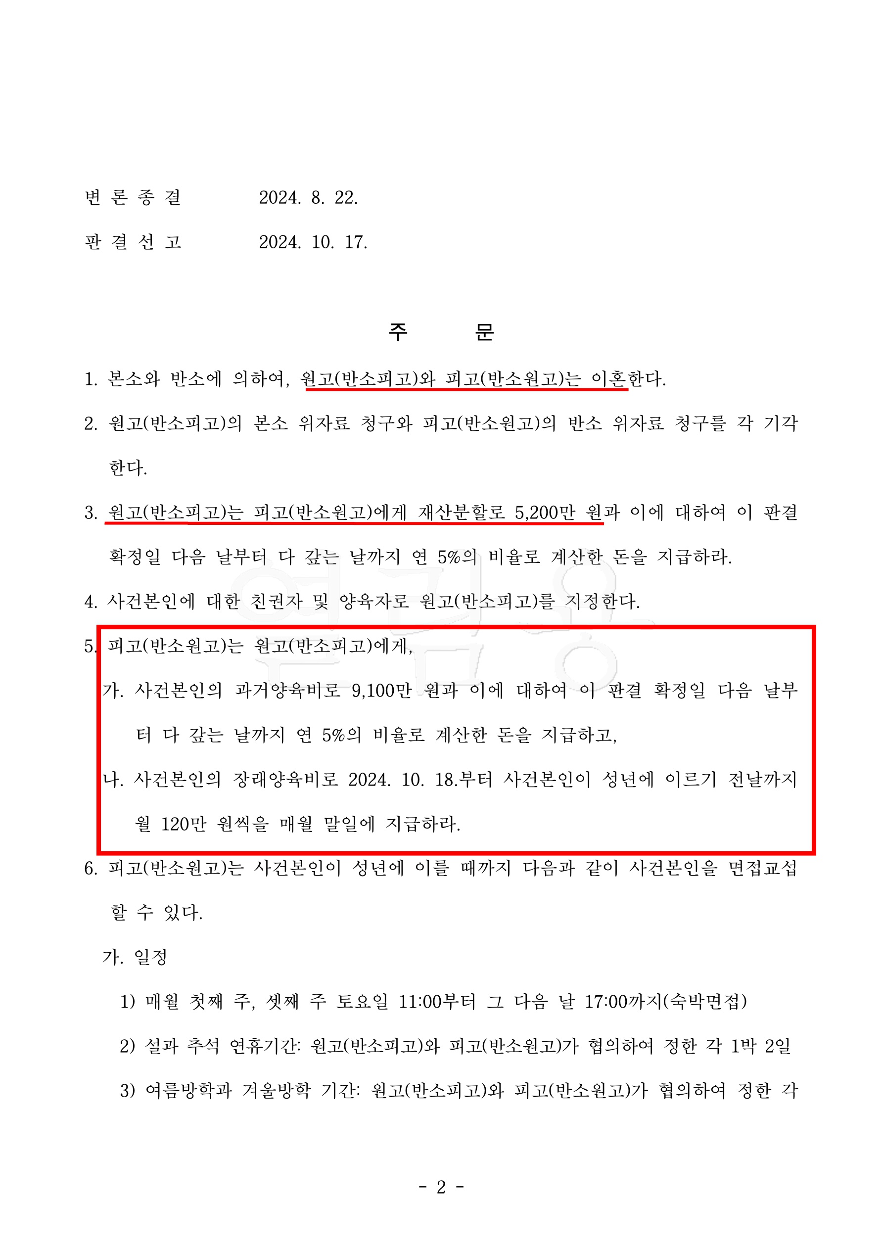 4년간의 별거 끝에 이혼 성립, 재산분할 방어 및 양육비 9,100만원 확보 — 사례 자료 5